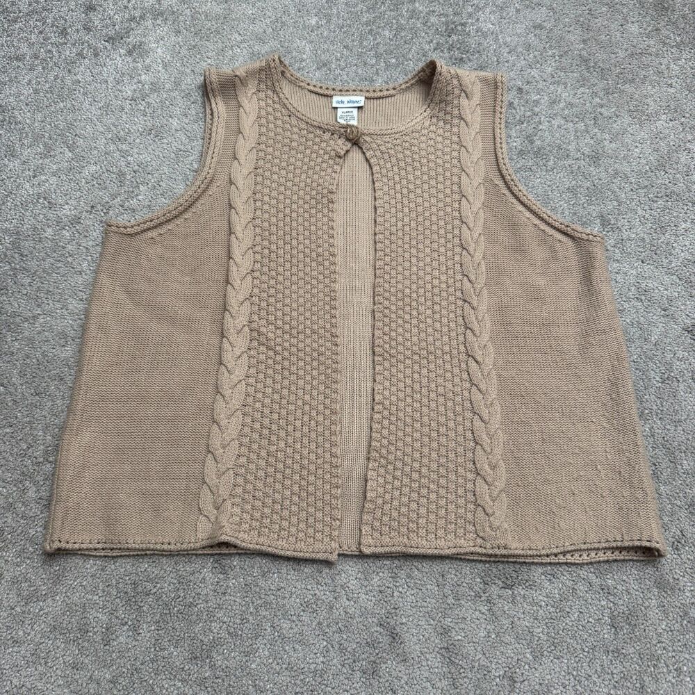 Vicki Wayne Cable Knit Sweater Vest Womens XL Tan Brown Single Button Cardigan